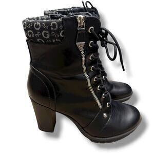 GUESS Los Angeles Black Lace-Up Hiker Booties Zip Chunky Block Heel Combat Boots